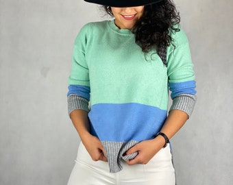 Pastel striped Knitted Pullover Sweater. Turquoise/blue.