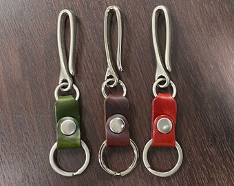 Genuine Leather Heavy Duty Japanese Fish Hook Keychain with pouch Solid Brass Nickel Plate / Matte Valet Key Ring Handmade Oil Tan Leather