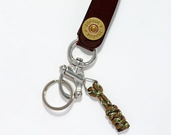 Personalized 12 Gauge Shotgun Shell Valet Key Hanger Genuine Leather Heavy Duty Snap Shackle Keychain Handmade Hermann Oak Brown Leather