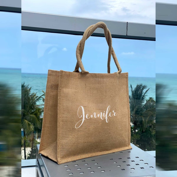 Personalized Bridesmaid Large Beach Bag - Burlap Shopping Bags - Bridesmaid Bags - Gift Bags - Beach Tote Bag with Name - Groceries Bag