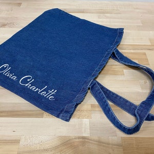 Personalized Denim Tote Bag - Custom Tote Bags - for Birthday Gifts Bridal Shower Bridesmaids Wedding Party Bags Vertical Name  Heavy Cotton