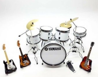 Miniature Drum WHITE Guitar bass Mini figure Guitars set Display Signature Gift