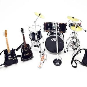 Miniature Drum Set D W Black + 3 Guitars with Strap Mic Scale 1/12 Gift Musical Display Gift