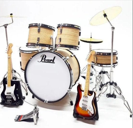Miniature Drum Set Natural Wood Beige Plus 3 Guitar Exclusive Musical ...