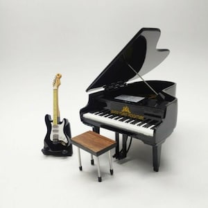 Miniature Grand Piano Full Black + Guitar Black Instrument Musical Display Gift