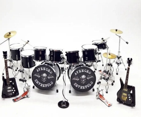 Miniature Drum Set Black Double Bass Plus Guitar Avenged A7X Scale