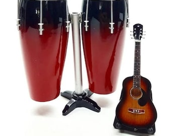 Miniature Bungo Double Percussion Black Red + Guitar 1/12Instrument Display New Gift