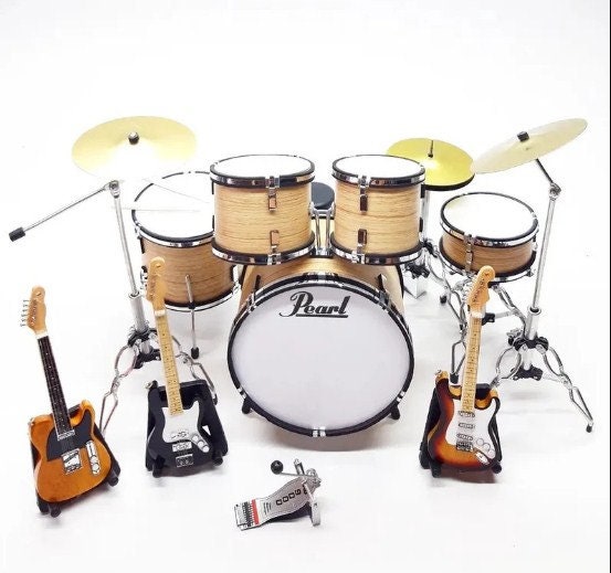 Miniature Drum Set Natural Wood Beige Plus 3 Guitar Exclusive Musical ...