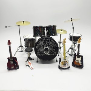 Miniature Drum Set Full Black plus 3 Guitar Small Plus Musical Instrument Display