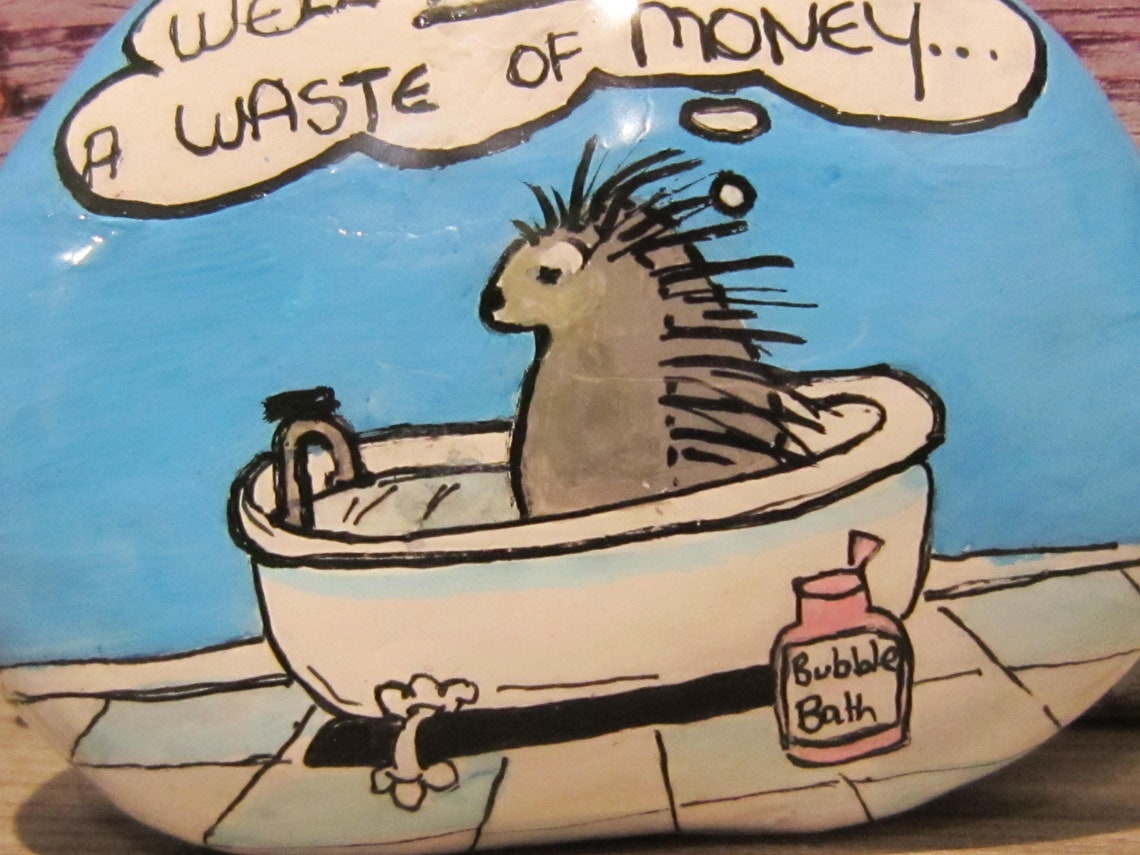 Porcupine in the Bath HandPainted Natural Pebble Etsy