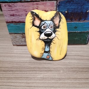 Waiting for Treats!  Cartoon Dog.  Hand Painted Pebble, Gift, Paperweight, Ornament