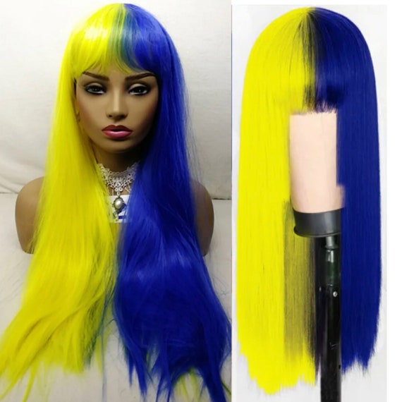 Long Half Yellow Half Blue Straight Heat Resistant Synthetic Wig