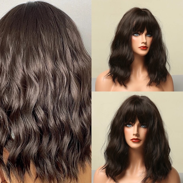 Dark Brown Wavy Bob Wigs for Women Synthetic Wigs with Bangs Natural Hair Wig Medium Length Cute Wigs Heat Resistant