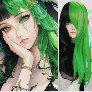 Half Black Half Green Synthetic Cosplay Wig For Halloween Costume Party Long Straight Synthetic Wig For Women