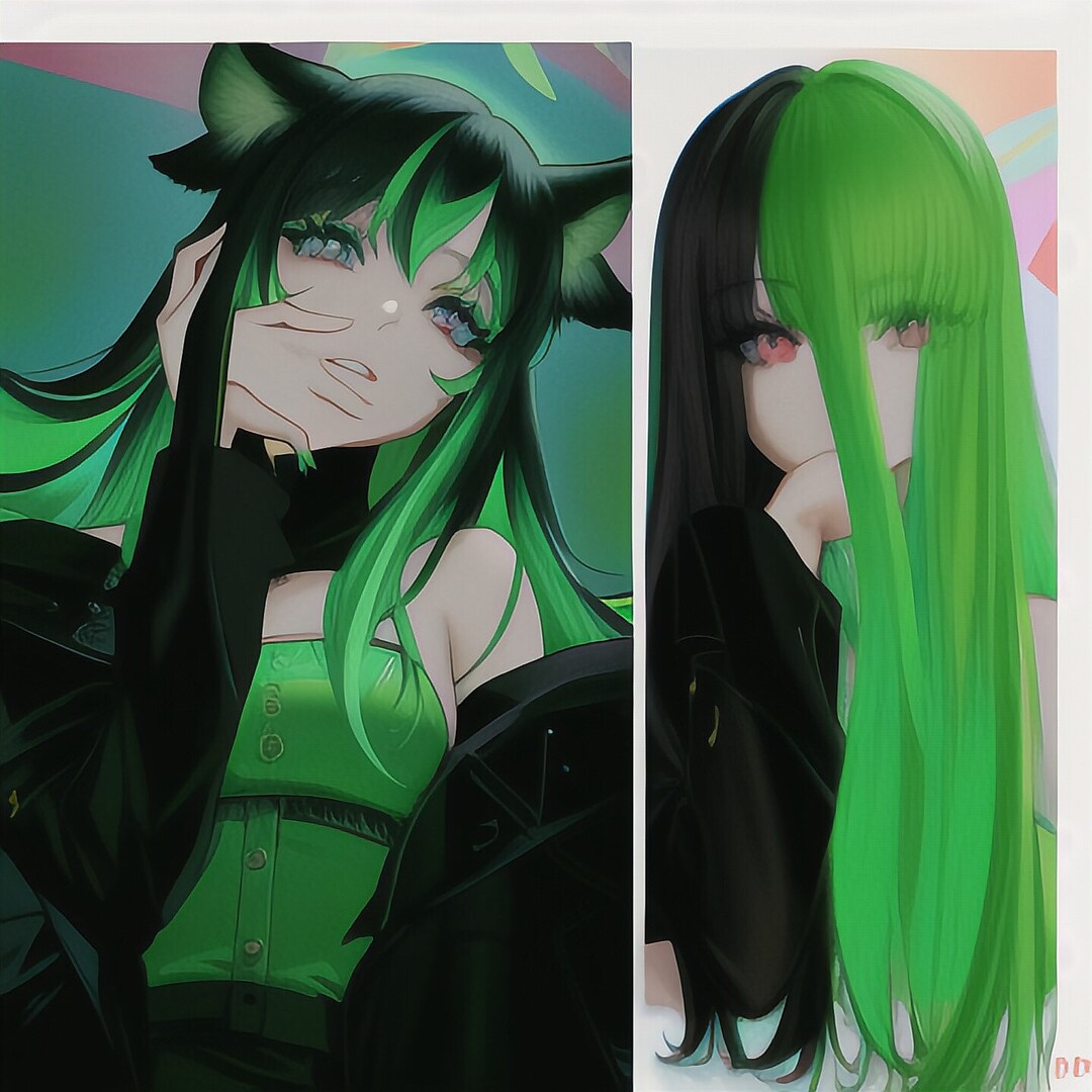 Long Half Black Half Green Straight Heat Resistant Synthetic Wig for