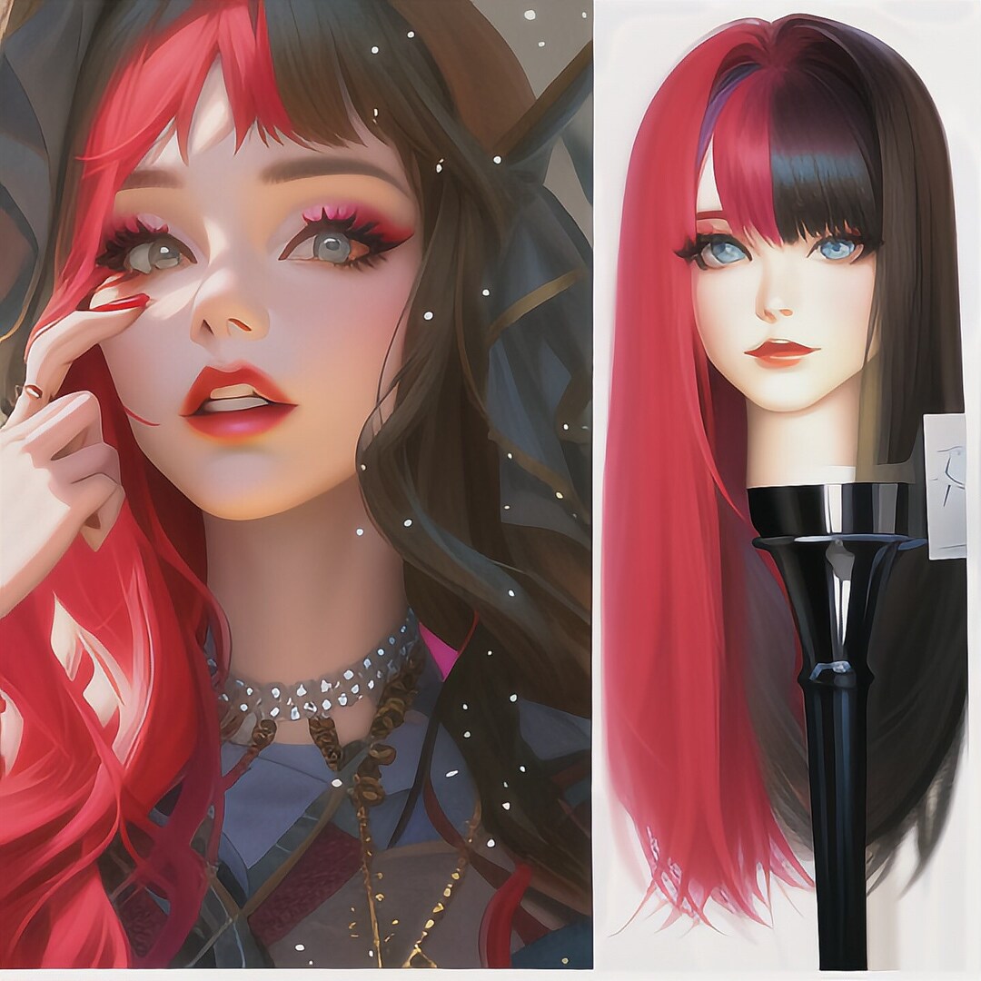 Half Red Half Black Synthetic Cosplay Wig for Halloween Costume Party Long Straight Synthetic