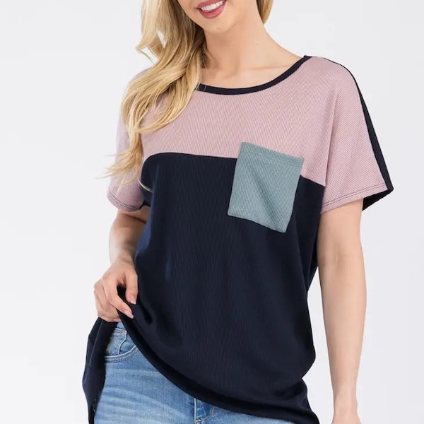 Textured Color Block Top with Dolman Sleeves