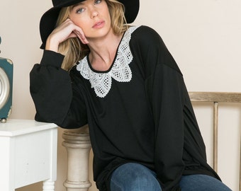 Light Weight French Terry Lace Collared Sweatshirt