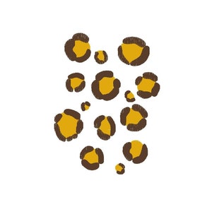 Peut inclure: Un ensemble de taches marron et jaunes à motif léopard sur fond blanc. Les taches, de tailles variables, sont regroupées, créant un motif rappelant l'imprimé animal.