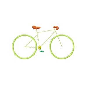 Puede incluir: Una bicicleta verde con manillar y sillín naranja. La bicicleta tiene dos ruedas y un diseño sencillo.
