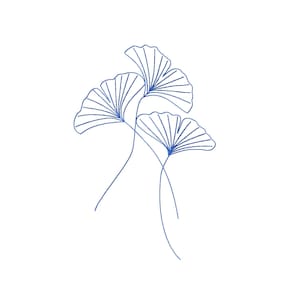 May include: A line drawing of three ginkgo leaves in blue on a white background.