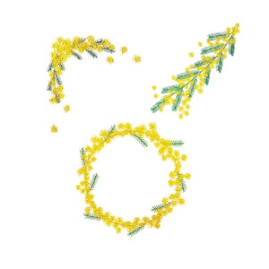 Machine Embroidery Designs Mimosa | Bundle of patterns | Yellow Flowers and Green Leaves Embroidery | Corner, Wreath and Branch Designs