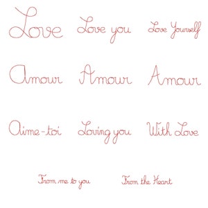 May include: A collection of cursive script phrases expressing love in various languages, including "Love", "Love you", "Love Yourself", "Amour", "Aime-toi", "Loving you", "With Love", "From me to you", and "From the Heart".