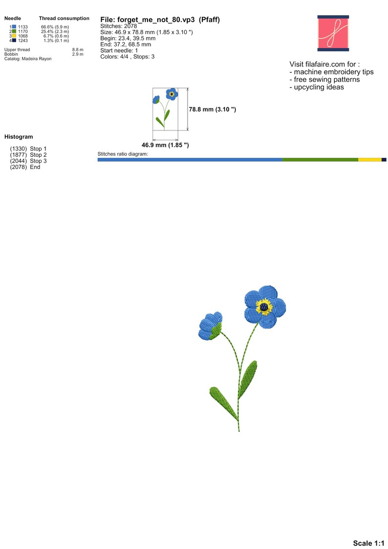 May include: An embroidered design of two blue forget-me-not flowers with green stems and leaves. The design measures 1.85 x 3.10 inches. The image also includes text about thread consumption and a website.