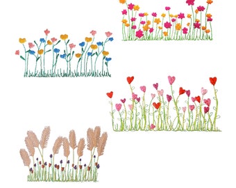 Machine Embroidery Designs 4 Field Flowers Bundle : Orange and pink, Pampas grass, Folkloric flowers, Heart flowers - Digital Embroidery