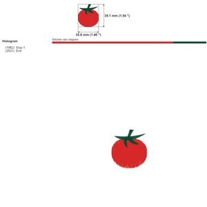 May include: A red tomato embroidery design with green leaves. The design is 1.40 inches wide and 1.54 inches tall. The design is for a Pfaff embroidery machine and uses two colors of thread.