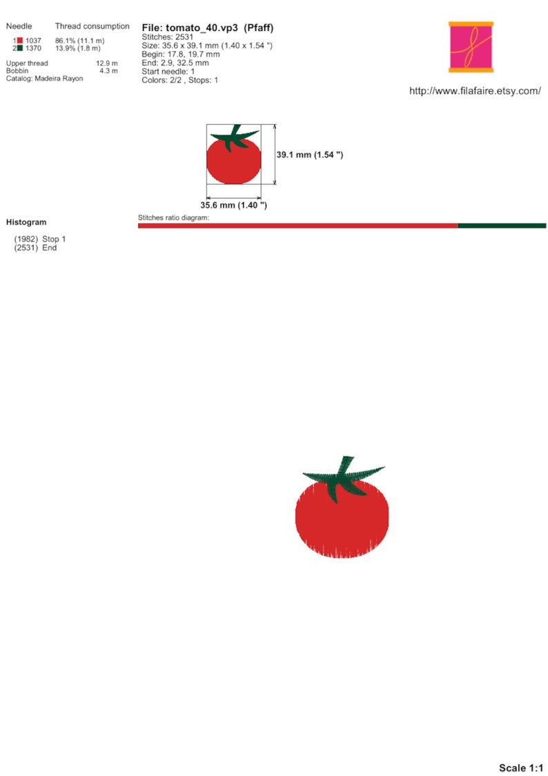 May include: A red tomato embroidery design with green leaves. The design is 1.40 inches wide and 1.54 inches tall. The design is for a Pfaff embroidery machine and uses two colors of thread.