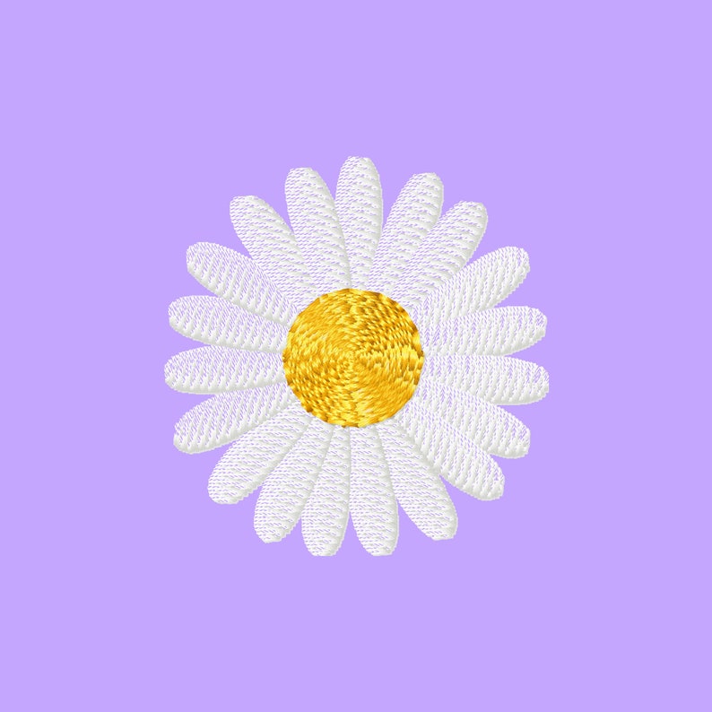 May include: A white daisy with a yellow center, embroidered on a light purple background.