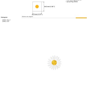 May include: A white daisy flower with a yellow center, embroidered on a white background. The embroidery design is 1.31 inches wide and 1.36 inches tall. The image also includes a diagram showing the size and stitch count of the embroidery design.