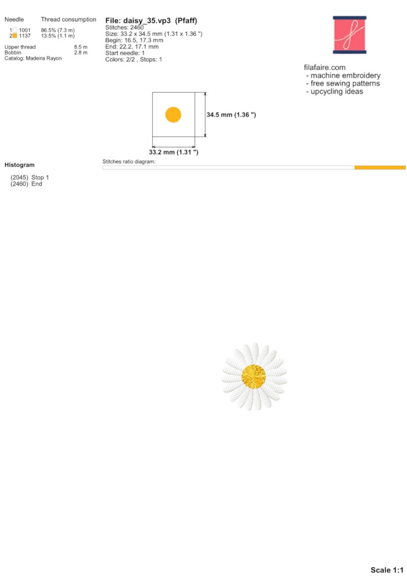 May include: A white daisy flower with a yellow center, embroidered on a white background. The embroidery design is 1.31 inches wide and 1.36 inches tall. The image also includes a diagram showing the size and stitch count of the embroidery design.