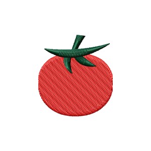 May include: A red tomato with a green stem and leaves. The tomato is embroidered with a textured pattern.