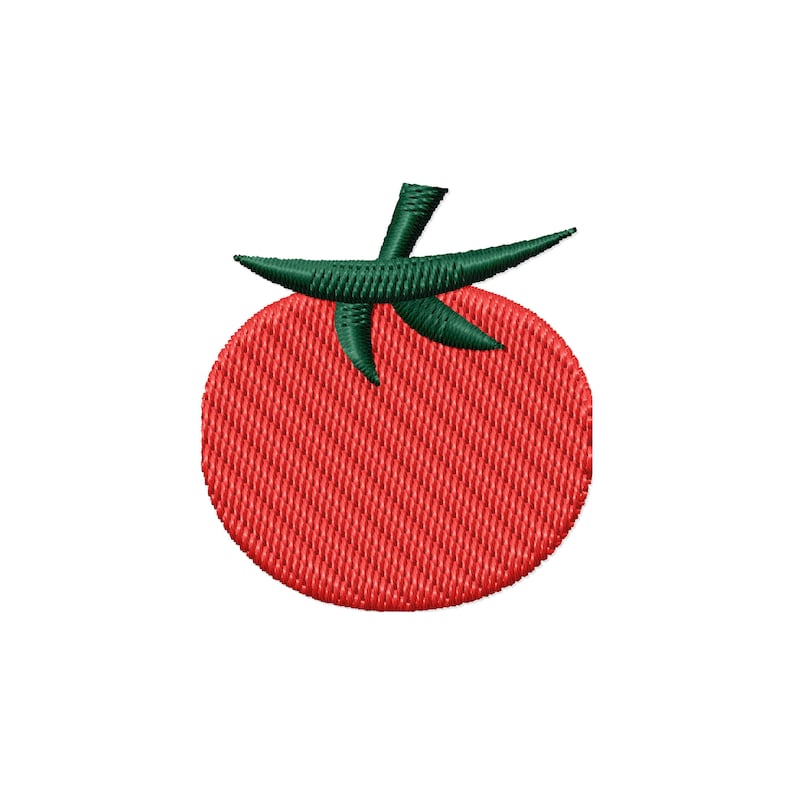 May include: A red tomato with a green stem and leaves. The tomato is embroidered with a textured pattern.