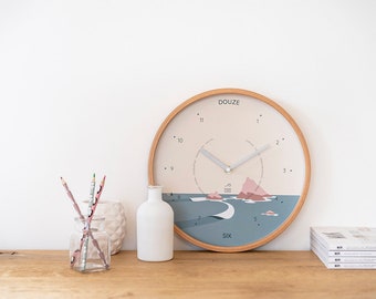 Illustrated sunset wooden Silent Wall Clock