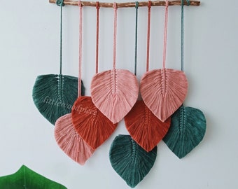 Green Leaves Macrame Wall Hanging, Macrame Feather Wall Decor, Scandinavian Decor, Wall Art, Boho Nursery Decor Plant Lover Mothers Day Gift