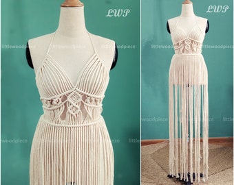 Macrame dress, Festival clothing women, Long Fringe backless beach coverup, Burning Man outfit , Boho Chic Hippie, Bridal Beach wedding