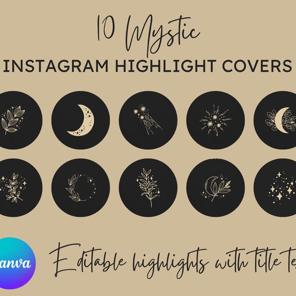 10 Editable Mystic Instagram Highlight Icons | Dark Story Instagram Highlights Canva | Yoga & Spiritual Mystic Vibe | Black and Gold