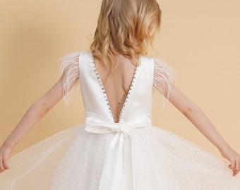 Feather Sleeve Flower Girl Dress: Dot Tulle V-Back Communion Dress