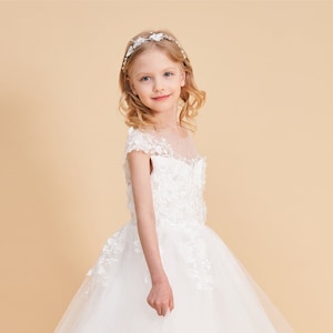 3D Lace Flower Girl Dress: Off White Tulle Communion Gown