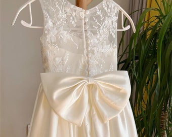 Light Ivory Lace Flower Girl Dress: Satin Skirt & Bow, Illusion Bodice
