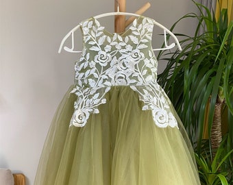 Sage Green Flower Girl Dress: Lace Applique Birthday Party Dress