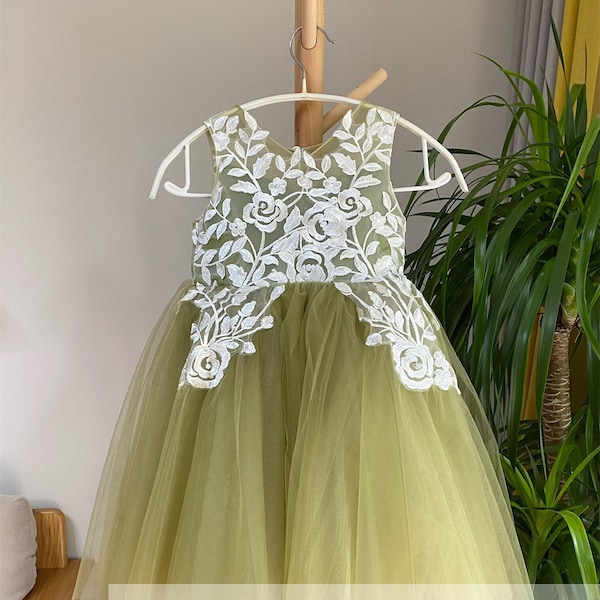 Sage green flower girl dress, lace flower girl dress, illusion birthday girl dress with lace applique