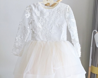 Lace Tulle Flower Girl Dress: Long Sleeves,  Champagne Layered Skirt