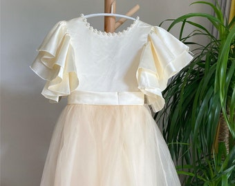 Champagne flower girl dress with pearls, Tulle flower girl dress with stacked sleeves floor length