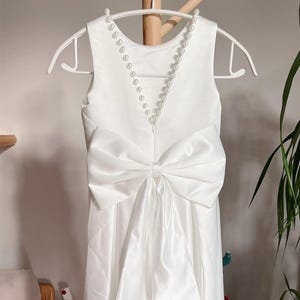 Satin Flower Girl Dress: Off White V-Back Communion Gown with Pearls
