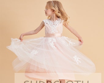 Blush Lace flower girl dress, tulle flower girl dress, illusion birthday girl dress with lace applique, tutu flower girl dress,