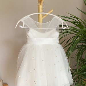 Flower girl dress with pearls, tulle flower girl dress, illusion birthday girl dress, tutu flower girl dress